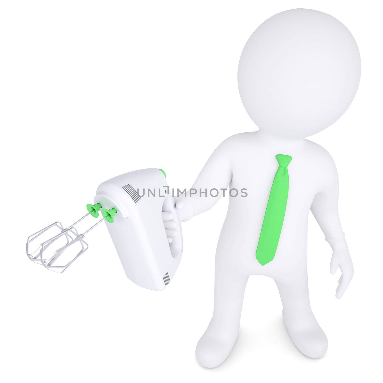 3d man with a hand mixer. Isolated render on a white background