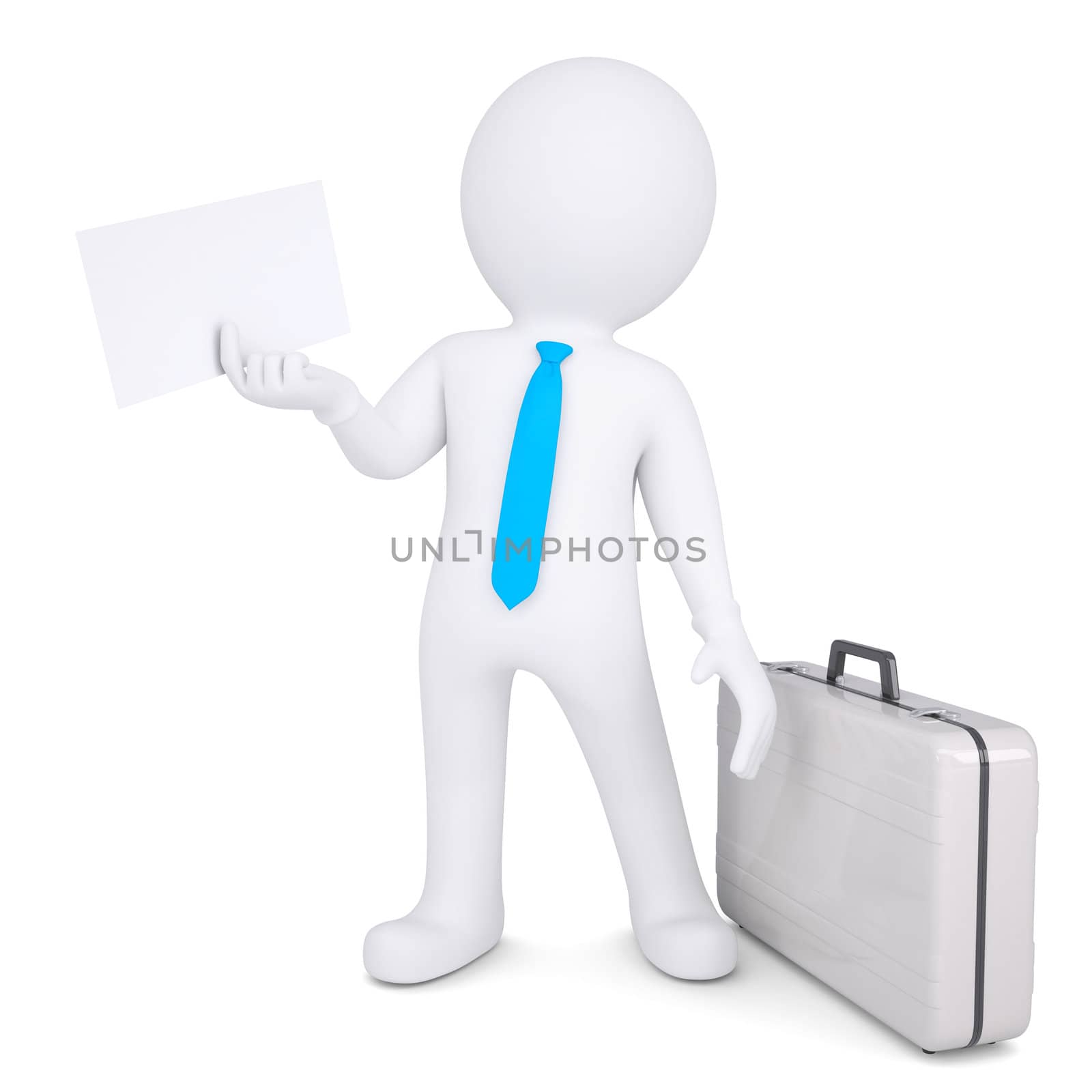3d man with suitcase holding sheet of paper by cherezoff