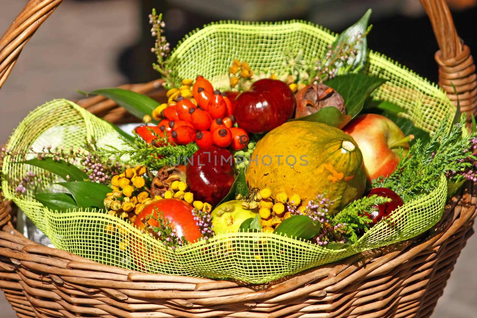 Basket ful of colorful, seasonal autumn fruits and vegetables