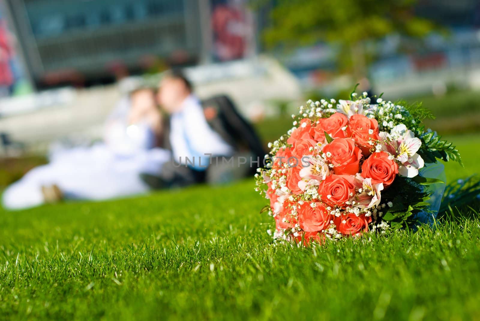 Bridal bouquet of red roses on a green meadow and blurred newlyweds