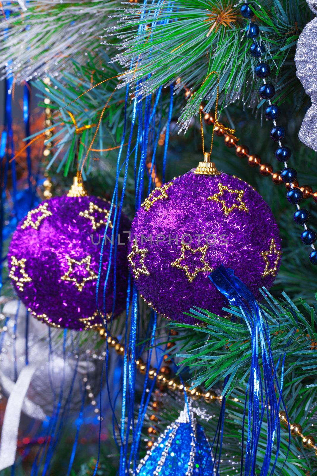 Christmas Tree Decorated with Bright Toys, closeup