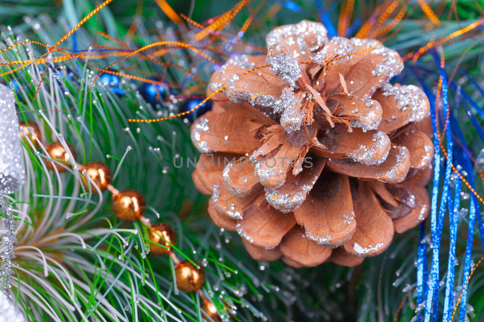 Christmas Tree Decorated with Bright Tinsel, closeup