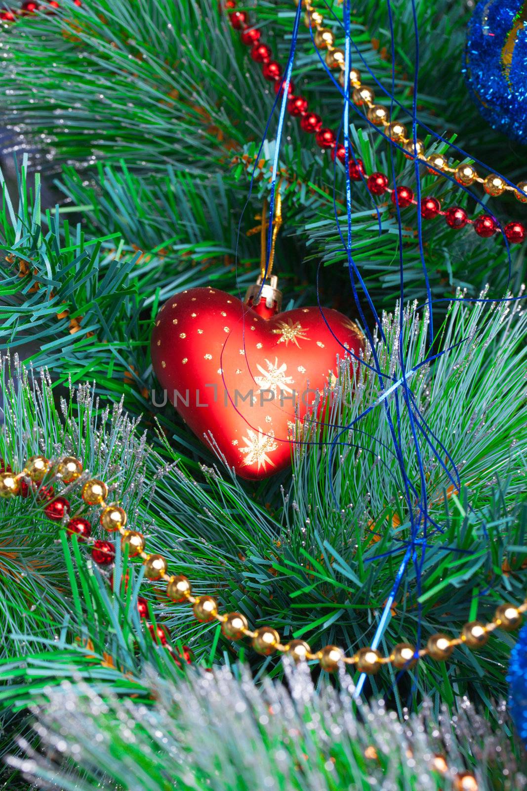 Christmas Tree Decorated with Bright Toys, closeup