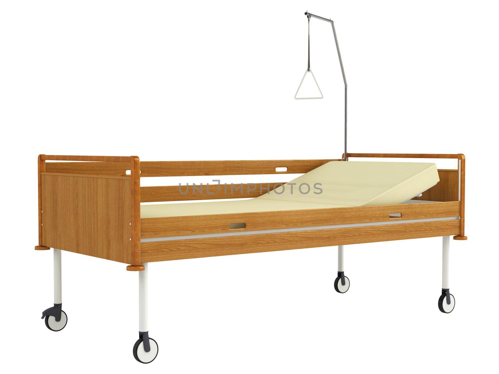 Wooden mobile hospital bed isolated on white background