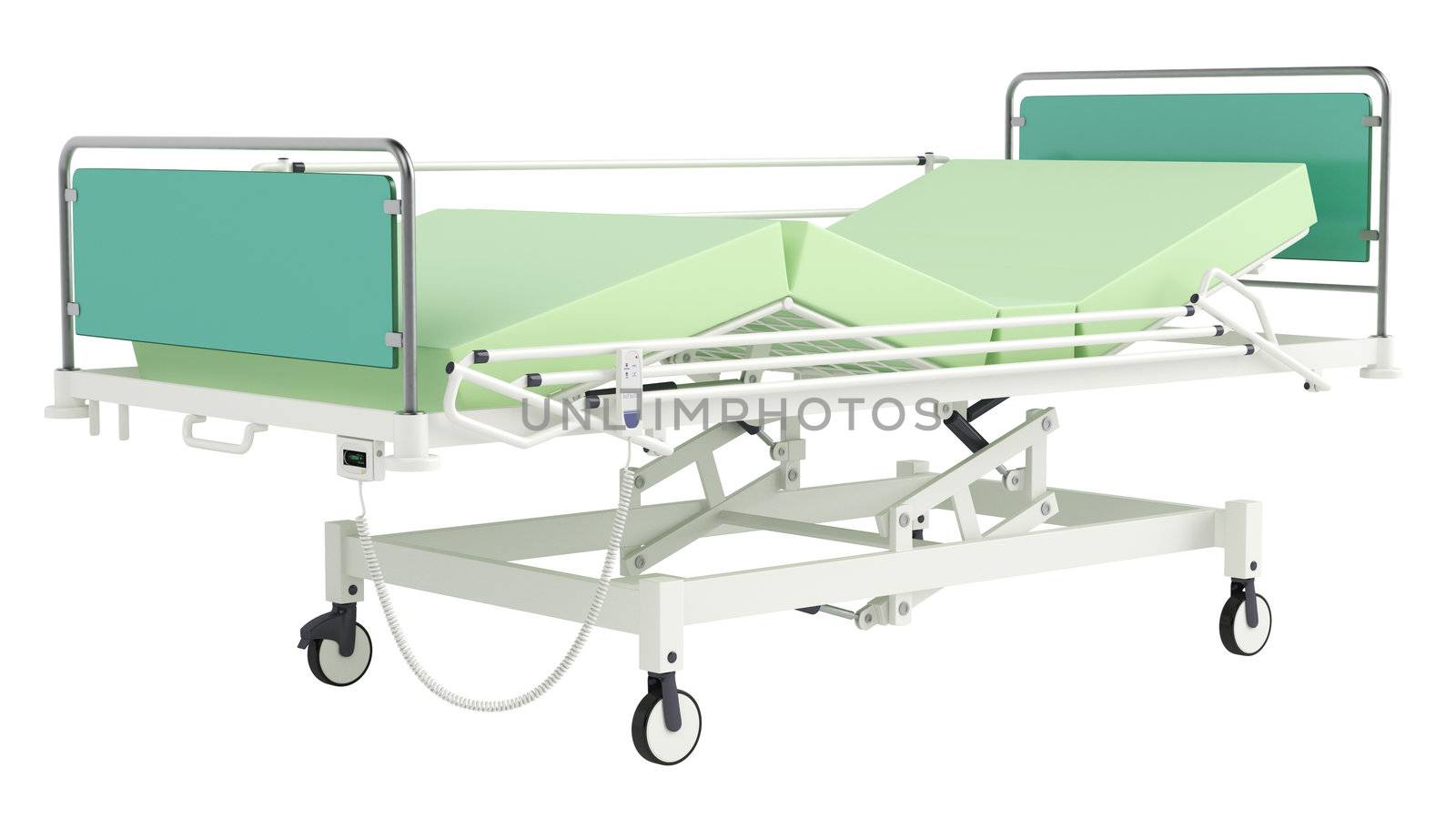 Mobile hospital bed isolated on white background