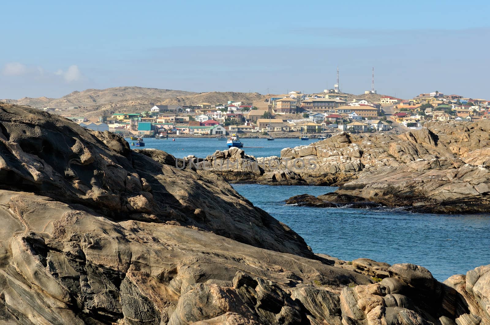 View from Shark Island of the seaside town of Luderitz in Namibia 