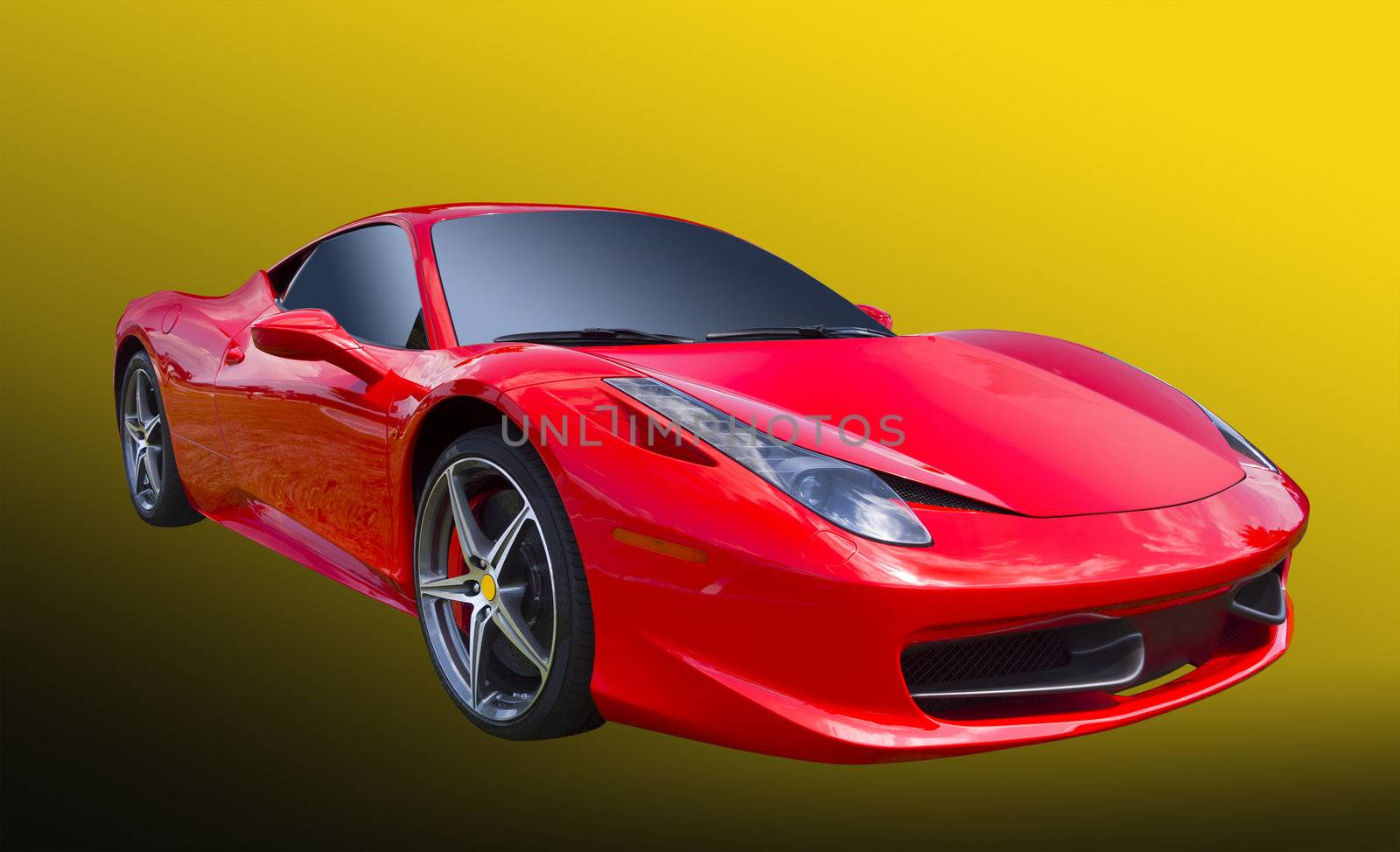 Powerful Italian sports car with V8 engine, isolated on yellow