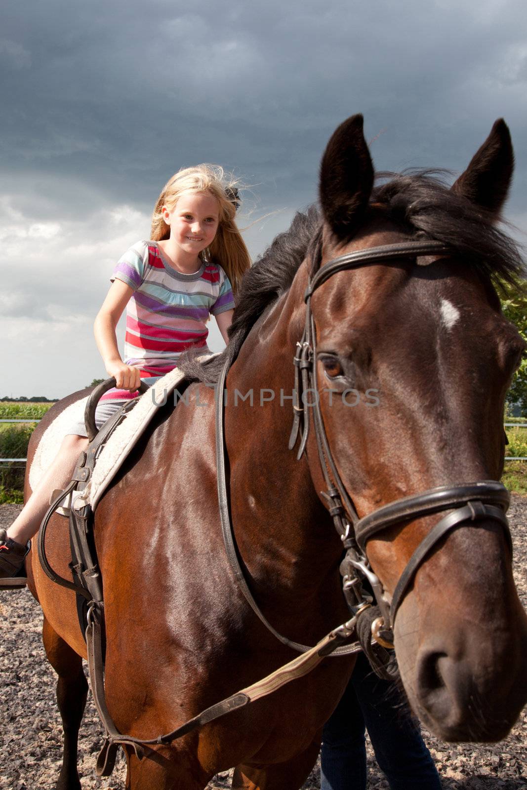 young girl riding on big brown horse with dark clouds