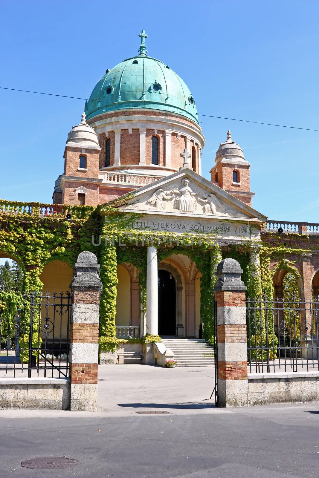 The main entrance to Mirogoj cemetery and Church of Christ the King, Zagreb, Croatia