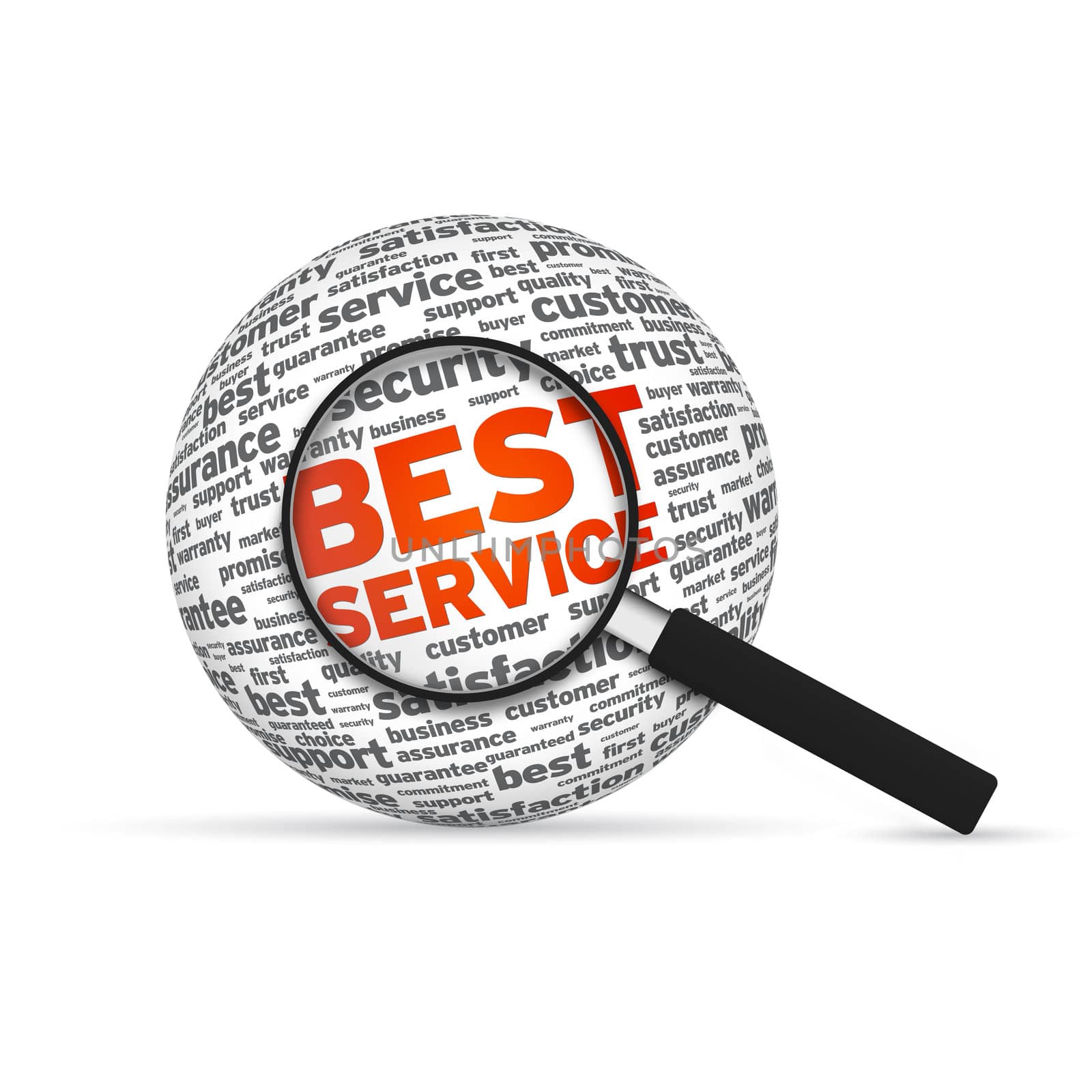Best Service 3d Word Sphere with magnifying glass on white background.