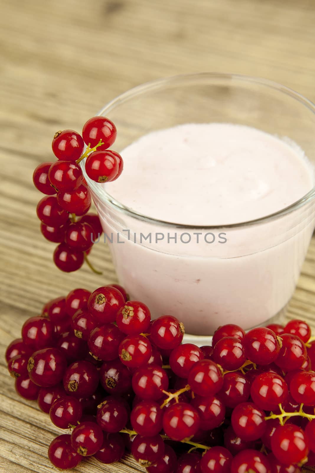 deliscious fresh currant yoghurt shake dessert on wooden background