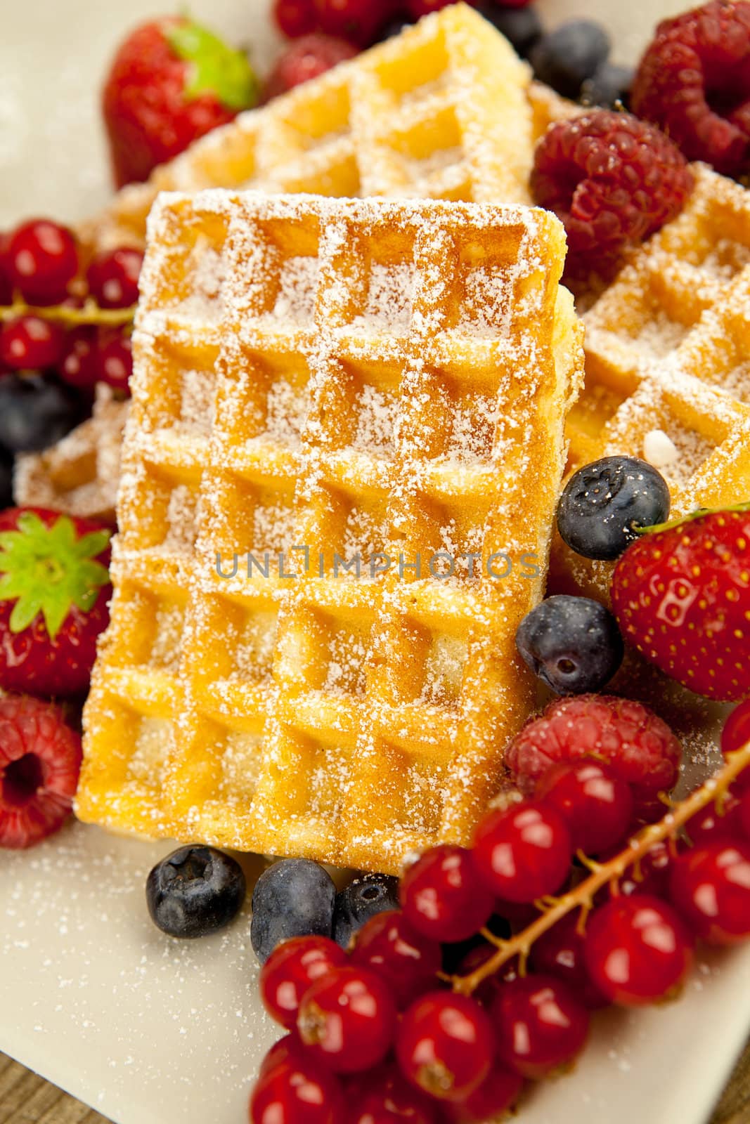 fresh tasty waffer with powder sugar and mixed fruits on wooden background