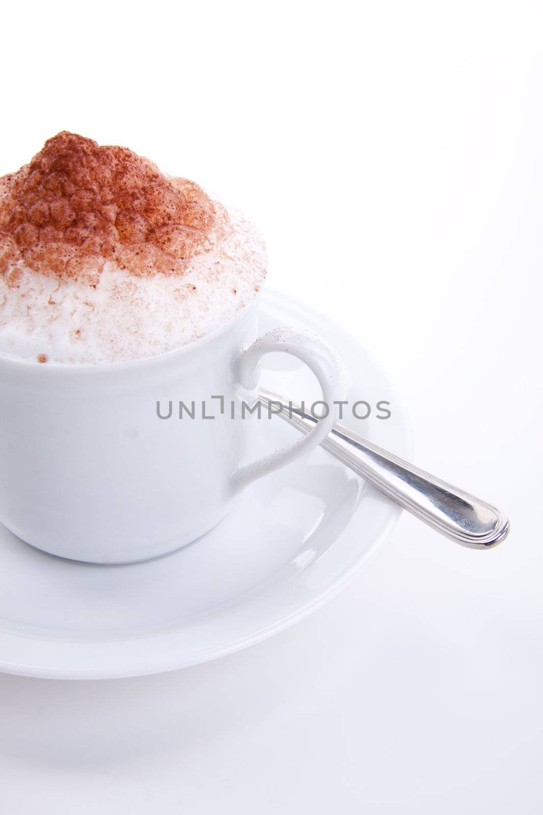 fresh capuccino with chocolate and milk foam isolated on white background