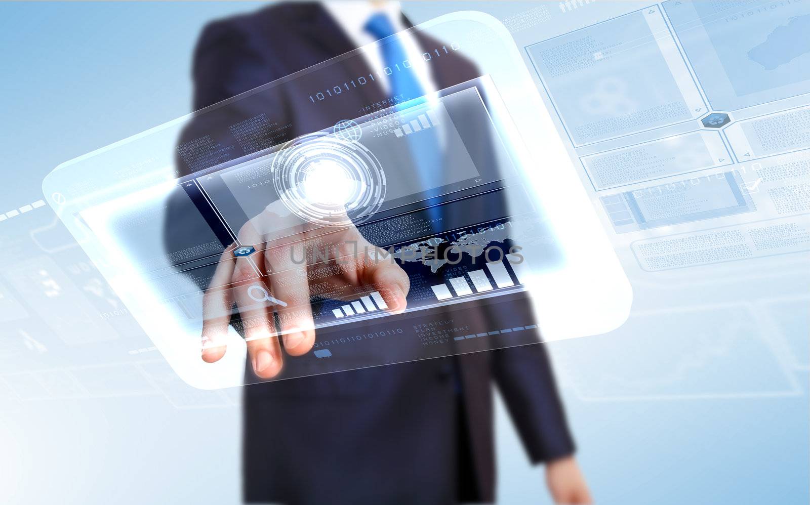 Businessman in blue suit working with digital vurtual screen