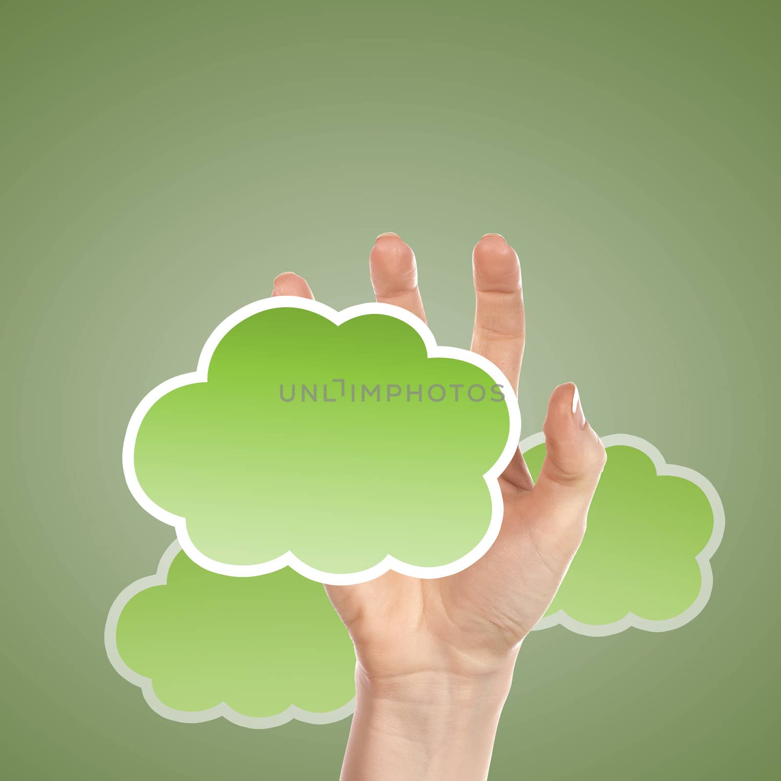 Hand with cloud computing symbol against colour background