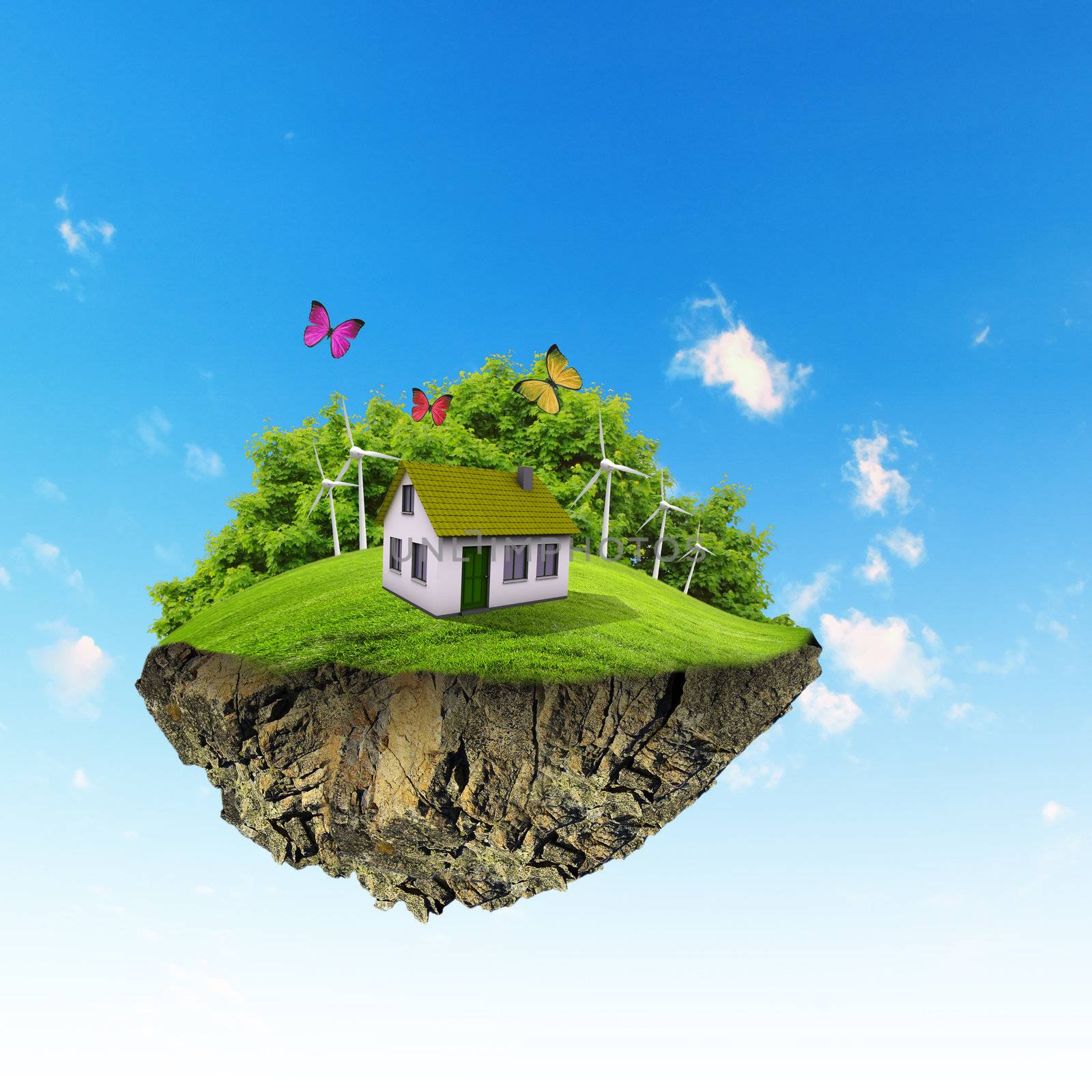 Little fine island / planet. A piece of land in the air. Lawn with house and tree. Pathway in the grass. Detailed ground in the base. Concept of success and happiness, idyllic ecological lifestyle