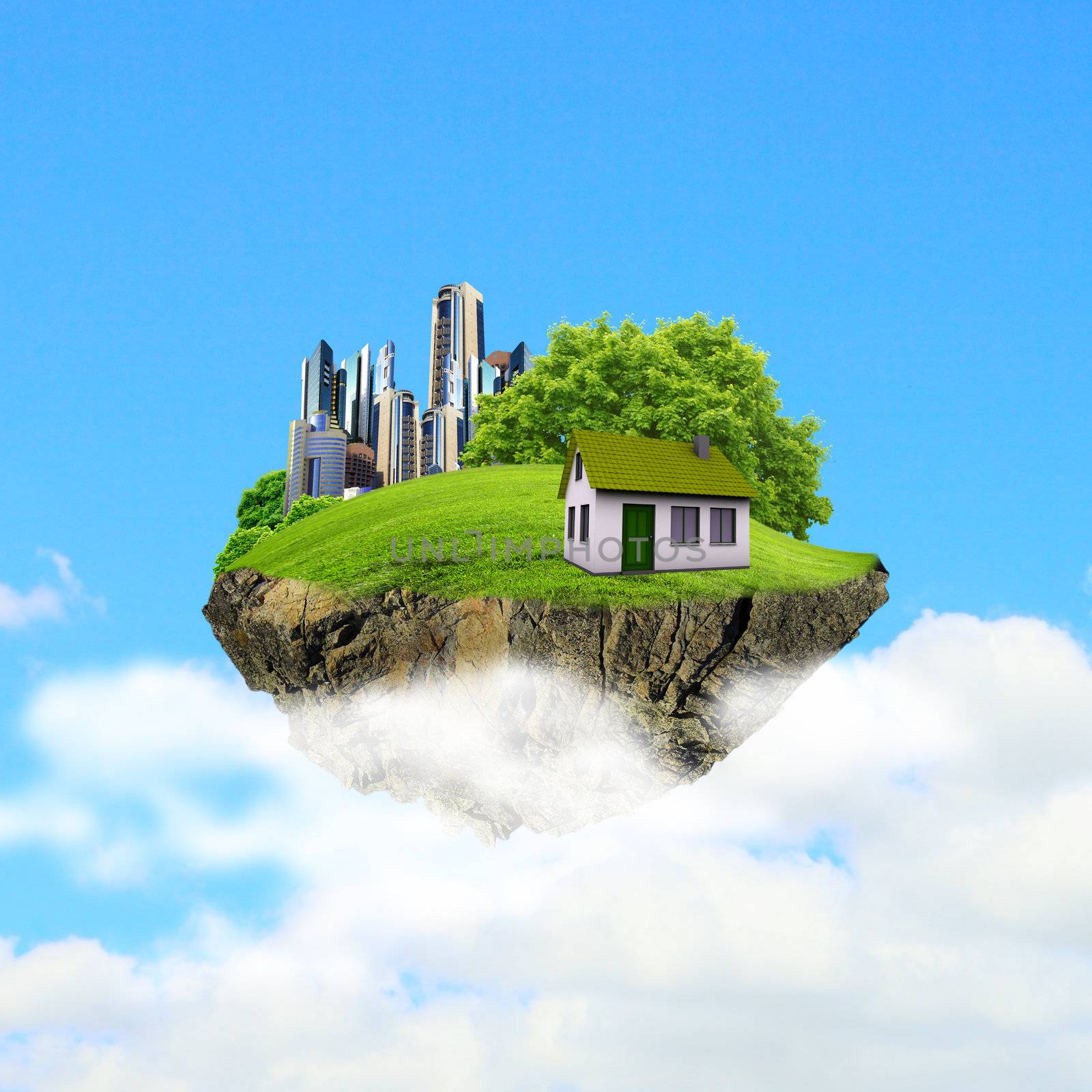 Little fine island / planet. A piece of land in the air. Lawn with house and tree. Pathway in the grass. Detailed ground in the base. Concept of success and happiness, idyllic ecological lifestyle