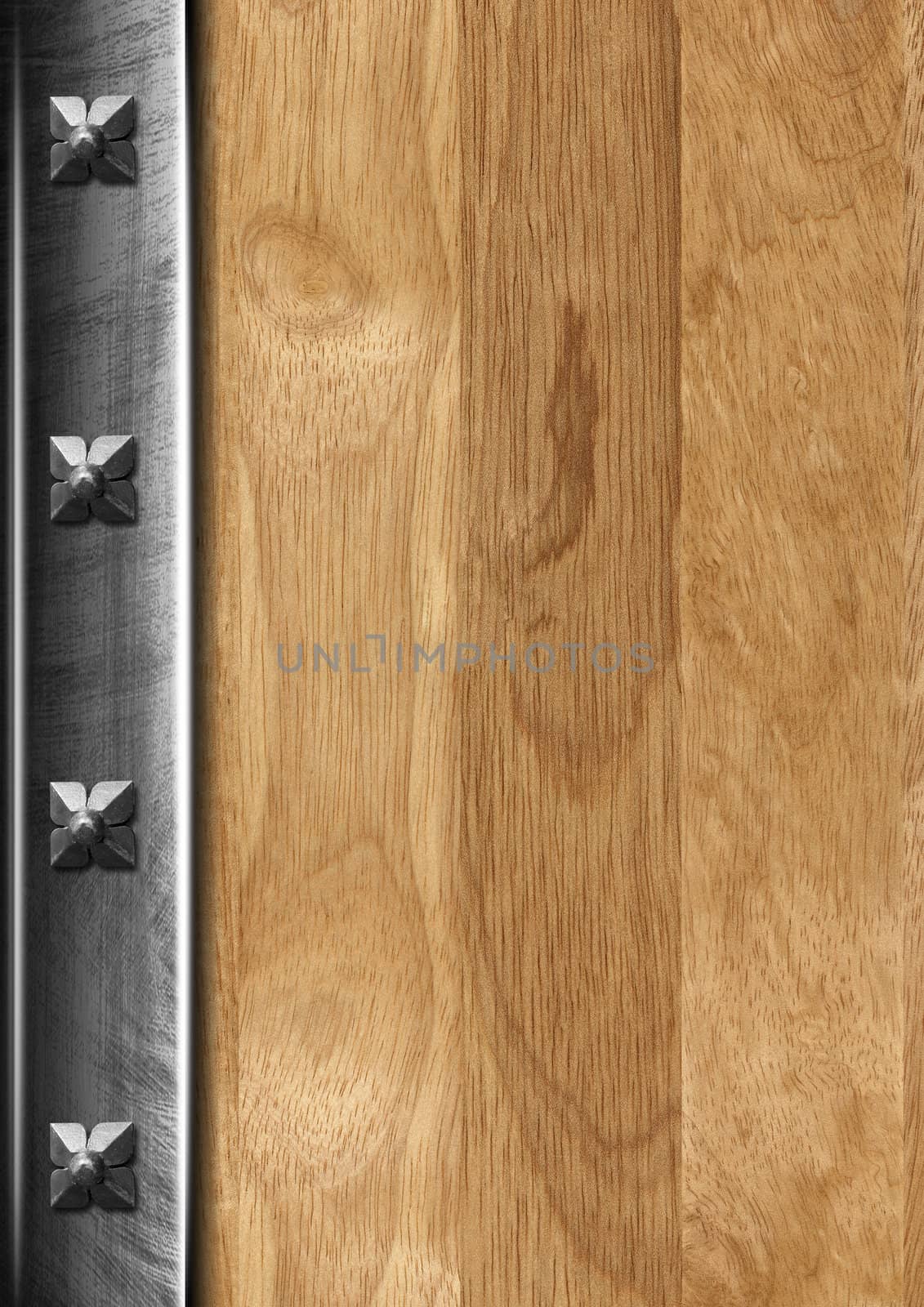 Wood and metal vintage background with old bolts and reflections

