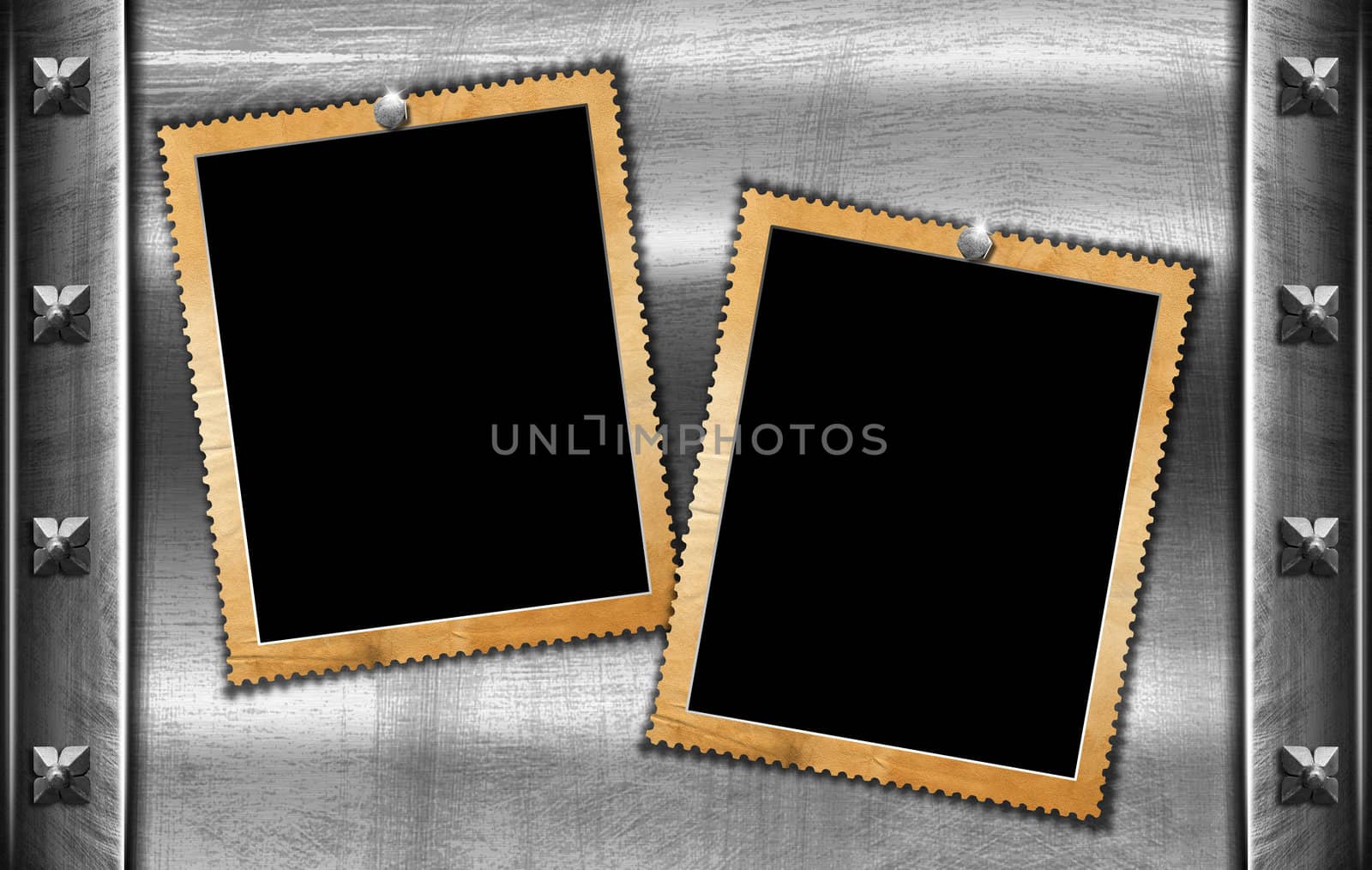 Aged photo frames on metal background with ragged edge
