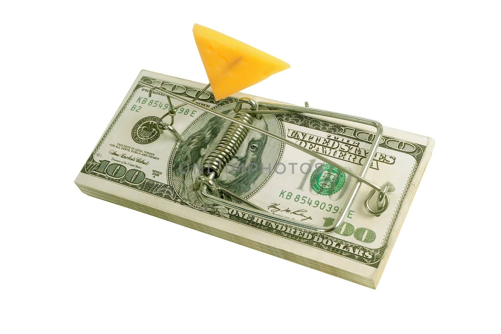 Mousetrap with one dollar, isolated on white