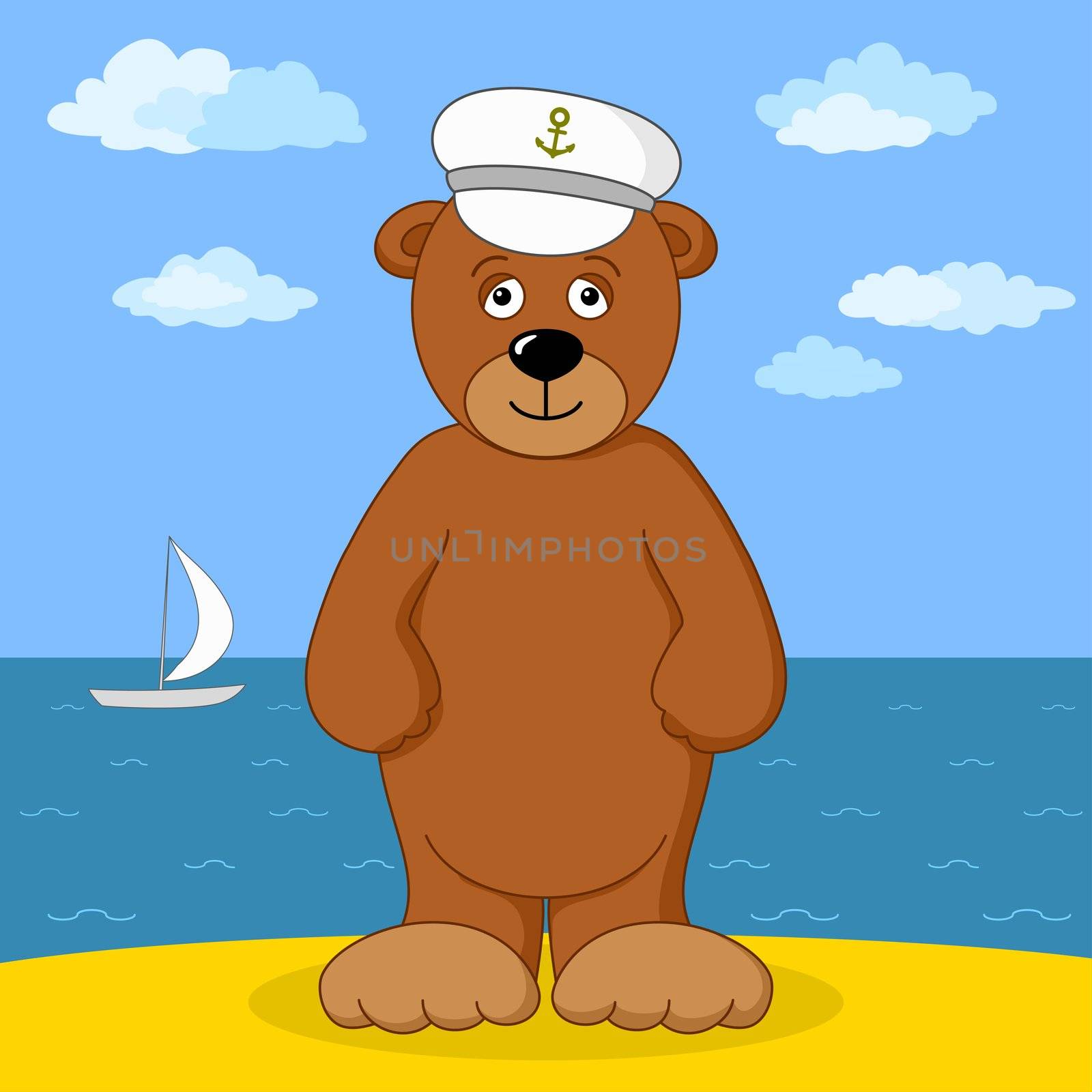 Cartoon, teddy bear in captain cap smiling on sea coast