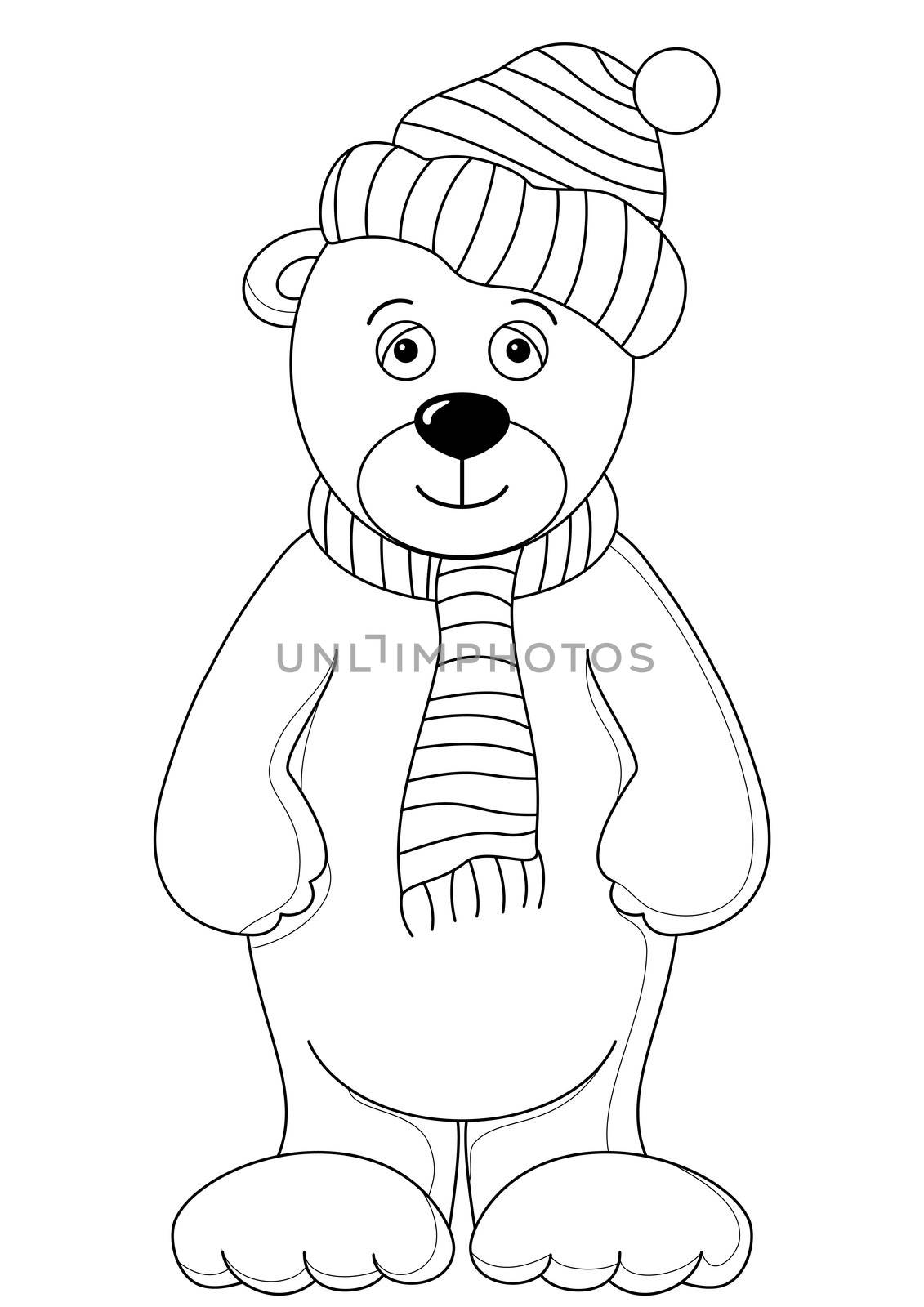 Teddy bear in cap and scarf, monochrome contours on white background