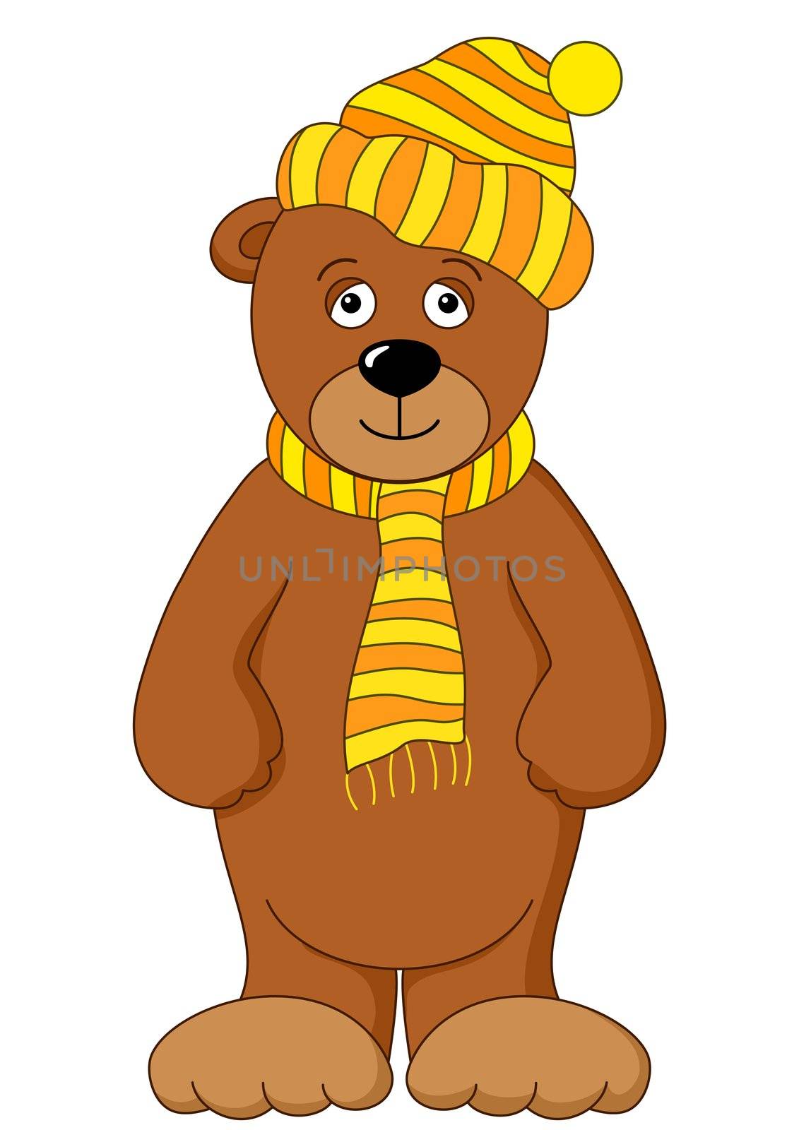 Toy Teddy bear in cap and scarf