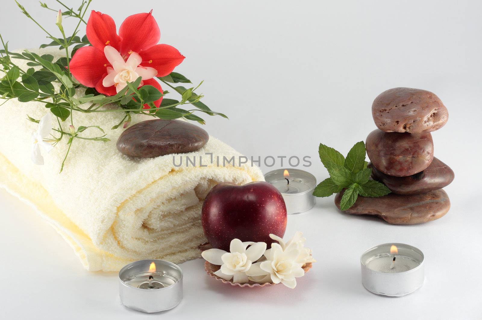 concept of spa whit stone fruit jasmine towel lily mint and candles