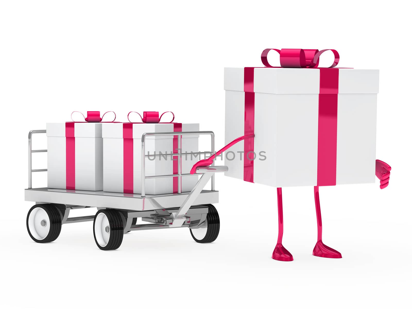 pink white gift box draws a trolley