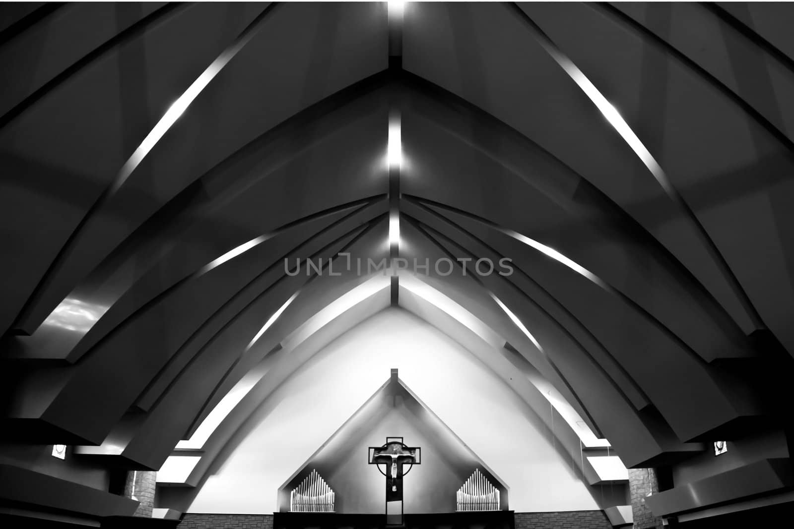 interior church architecture in Black and White