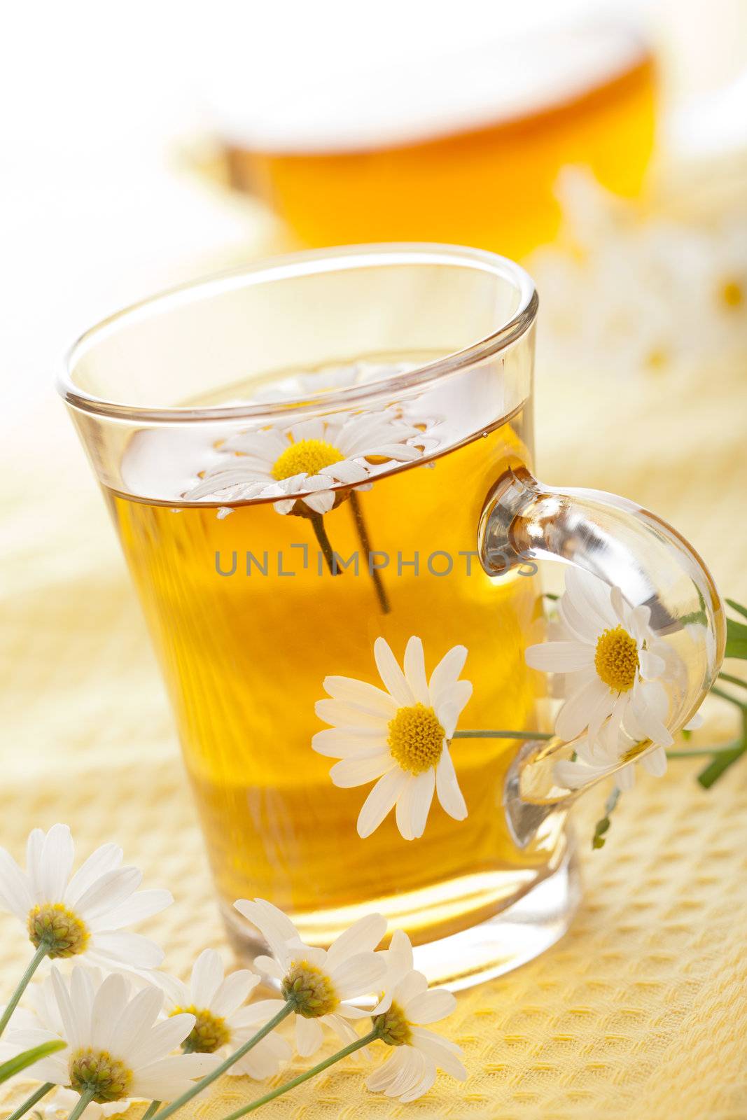 cup of herbal tea with chamomile flowers 
