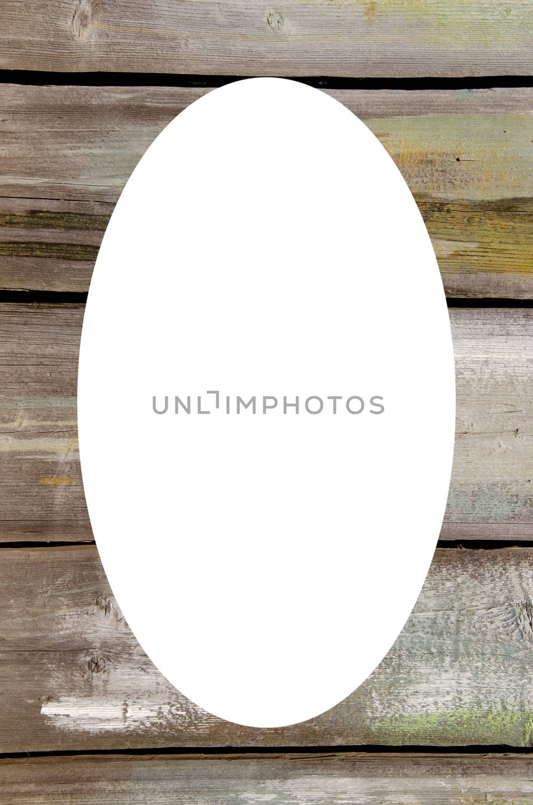 Isolated white oval place for text photograph image in center of frame. Abandoned building wooden walls of the plank background.