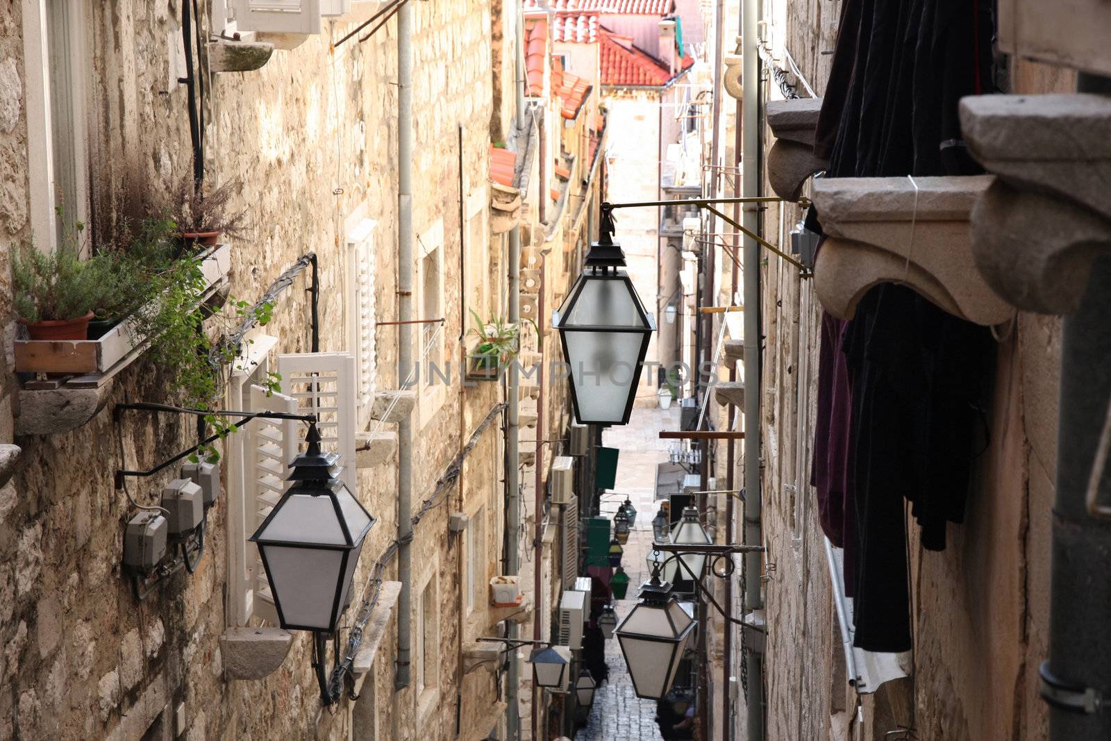 details of Narrow street in old city Dubrovnik, Croatia