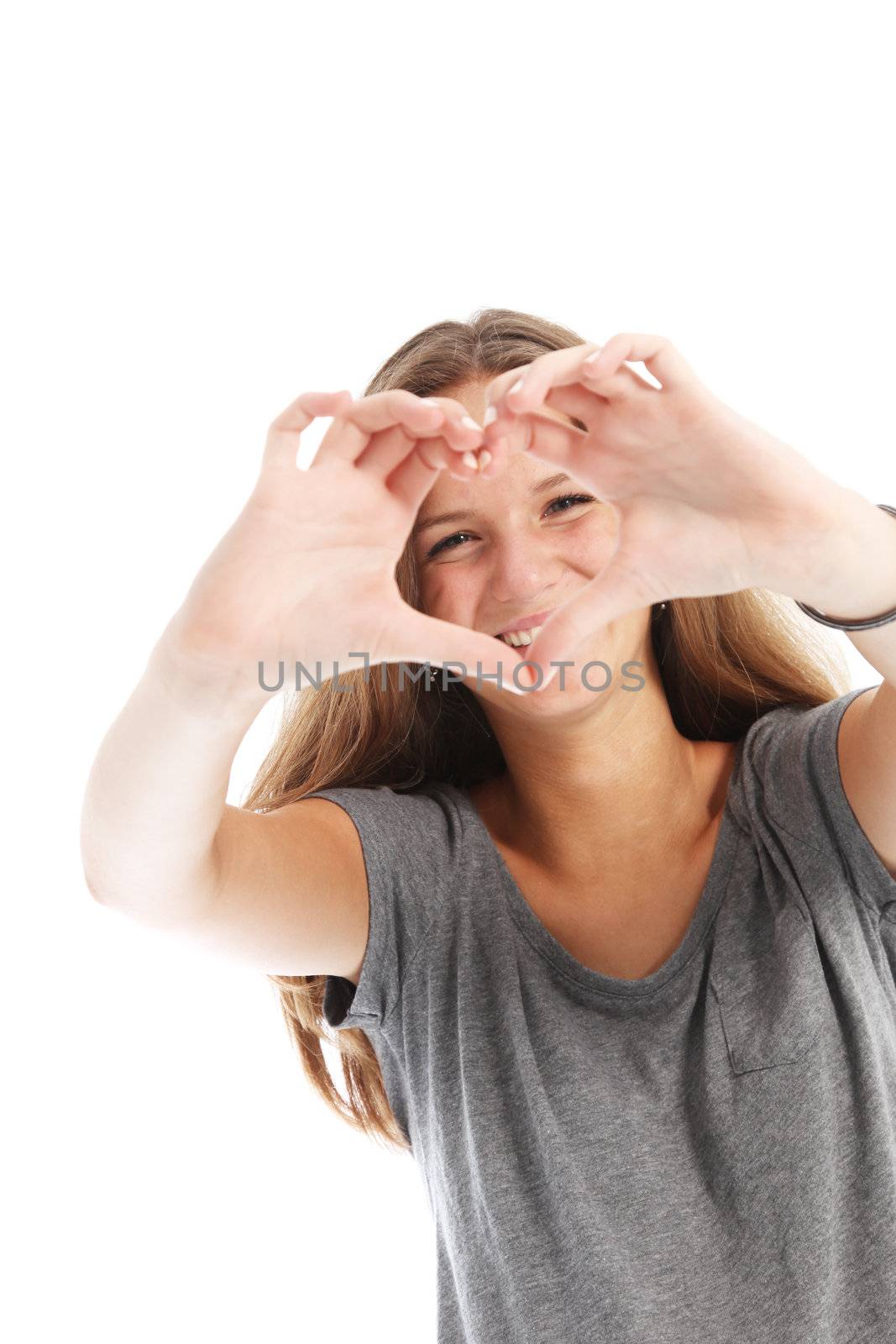 Laughing young woman making a finger frame to frame her own features isolated on white Laughing young woman making a finger frame to frmae her own features isolated on white 