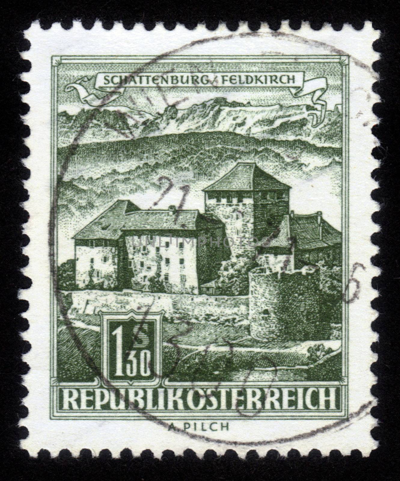 AUSTRIA - CIRCA 1967: A stamp printed in Austria, is shown Schatten Castle, Feldkirch, Vorarlberg, circa 1967