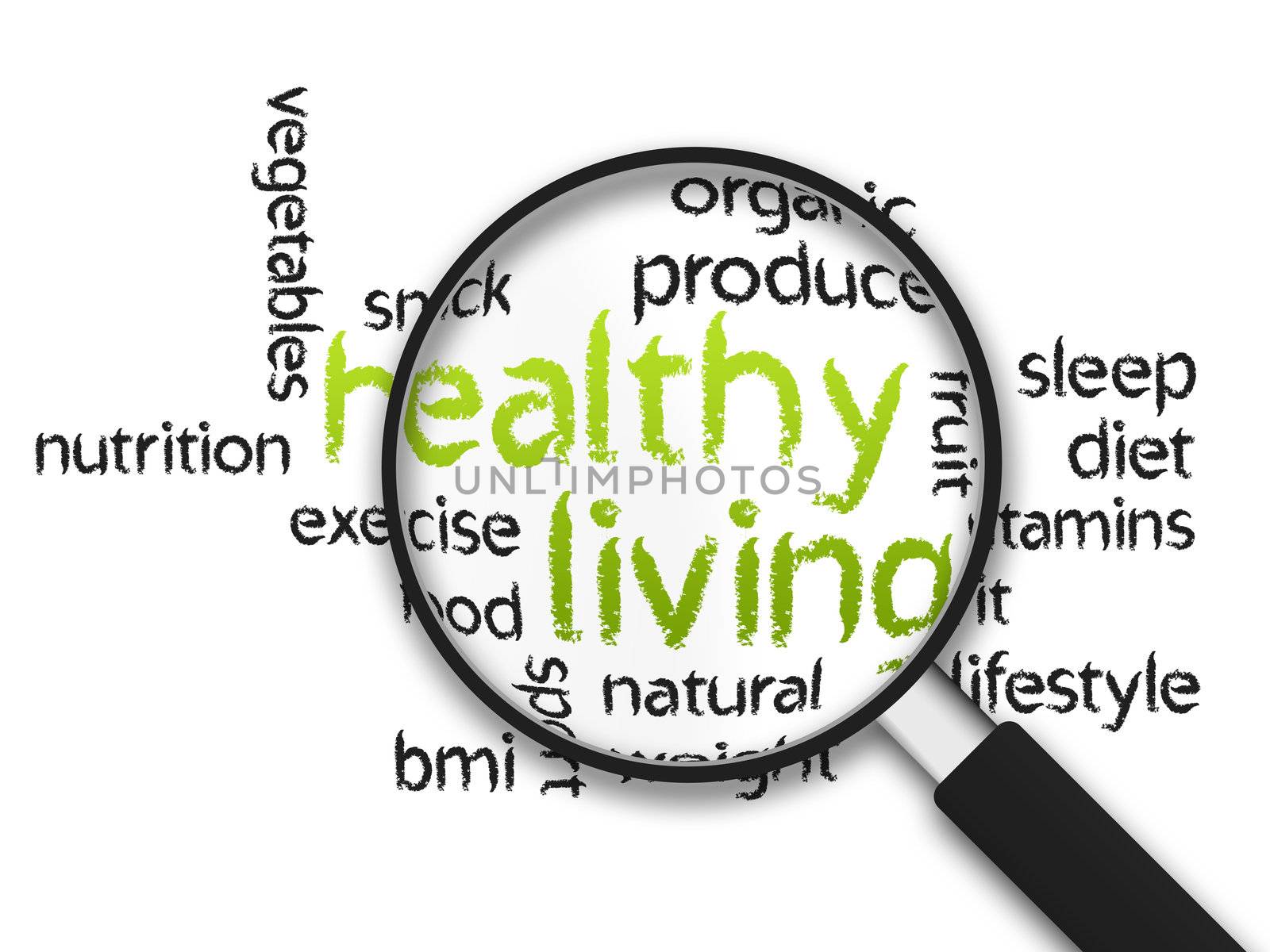 Magnified Healthy Living word illustration on white background.