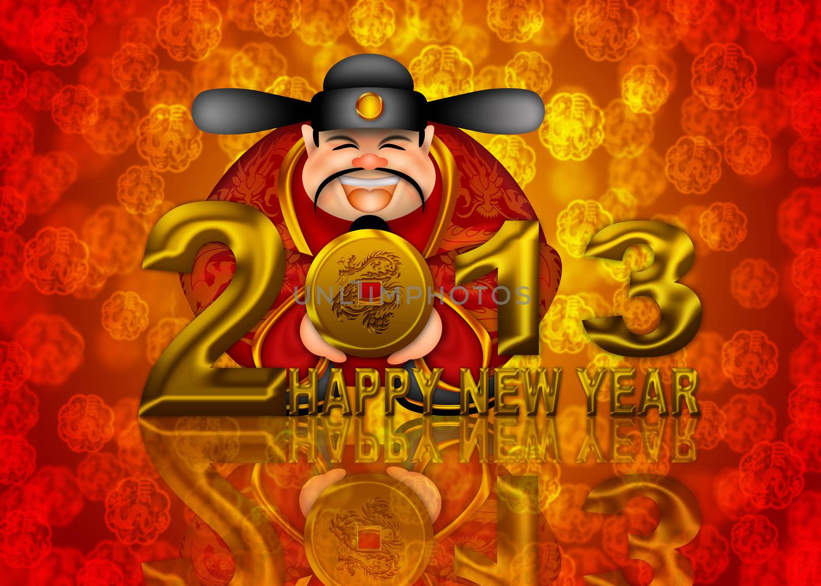 2013 Happy New Year Chinese Money Prosperity God Holding Round Gold Dragon Coin Illustration