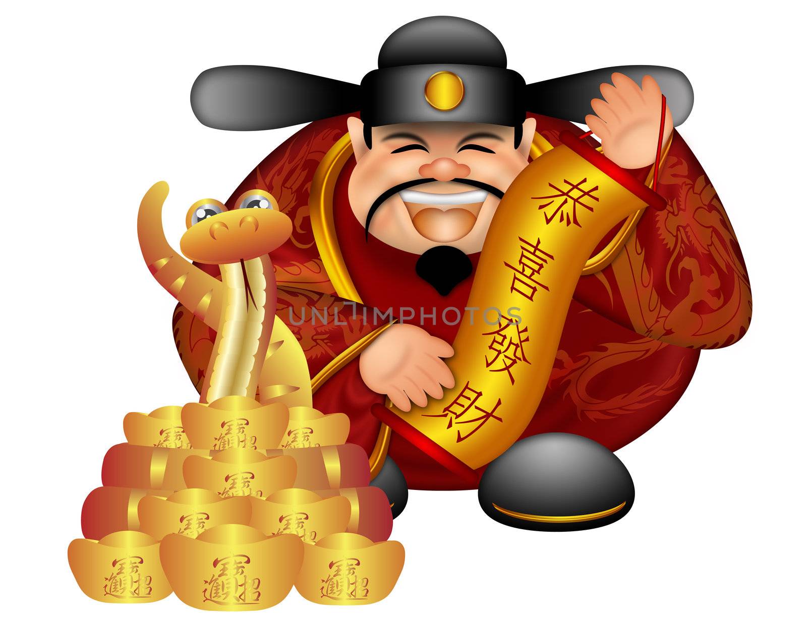 2013 Chinese Money God With Snake And Scroll Wishing Prosperity by jpldesigns