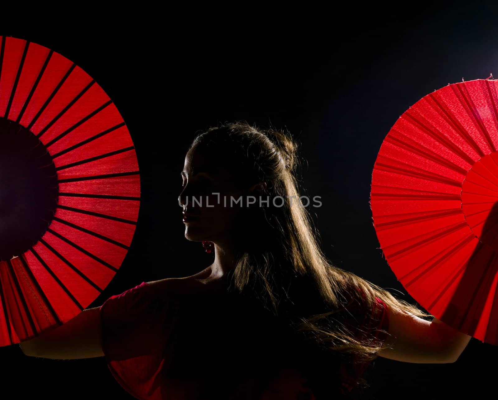 Low key and backlit portrait of a female flamenco dancer