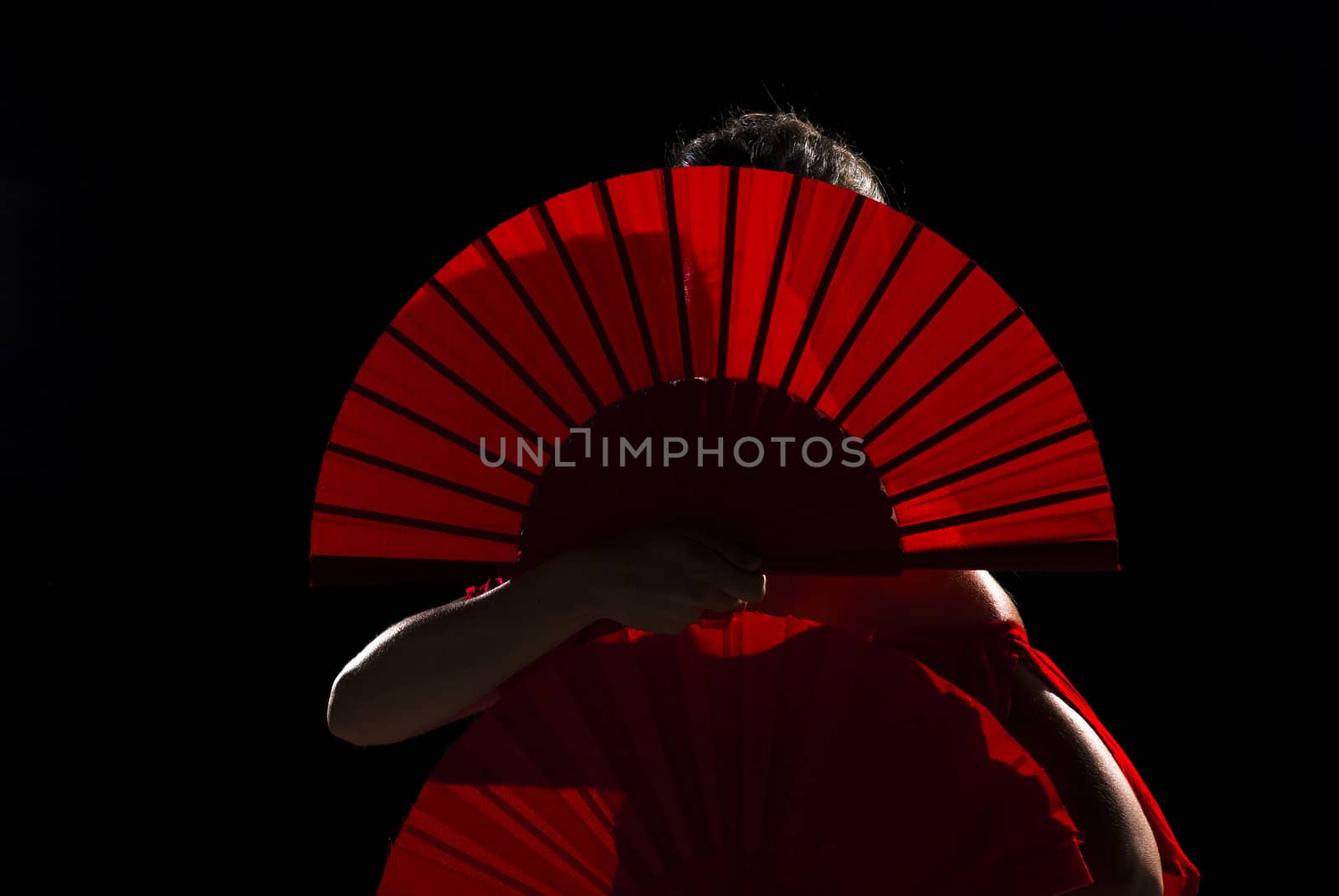 Female flamenco performer hidden behind her folding fans