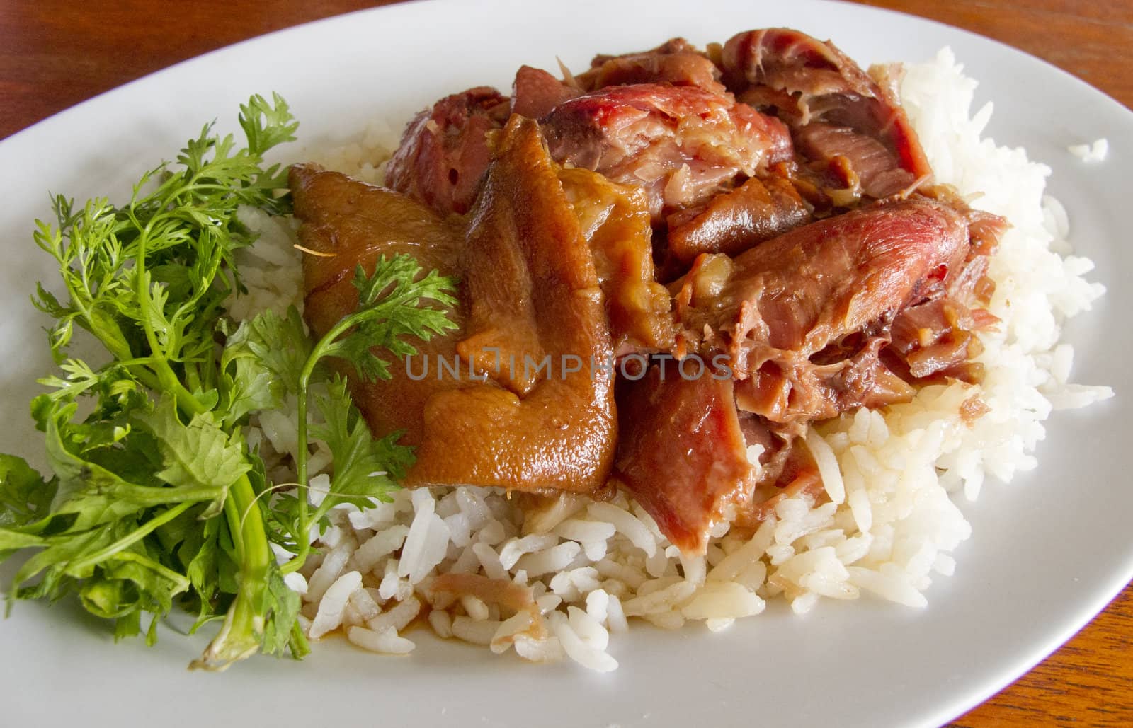 Thai stewed pork leg with rice and parsley (Kao Ka Moo) on white plate