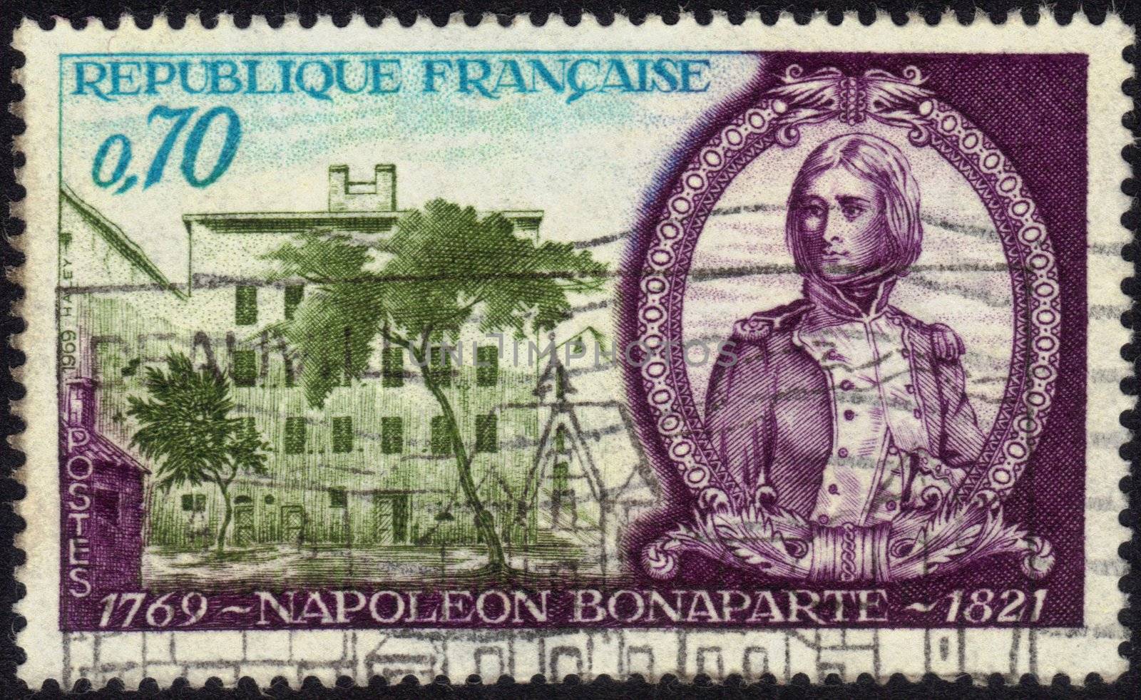 France - CIRCA 1969: A postage stamp printed in France, dedicated to Napoleon Bonaparte bicentenary and showing portrait of the emperor and his house in Ajaccio: circa 1969