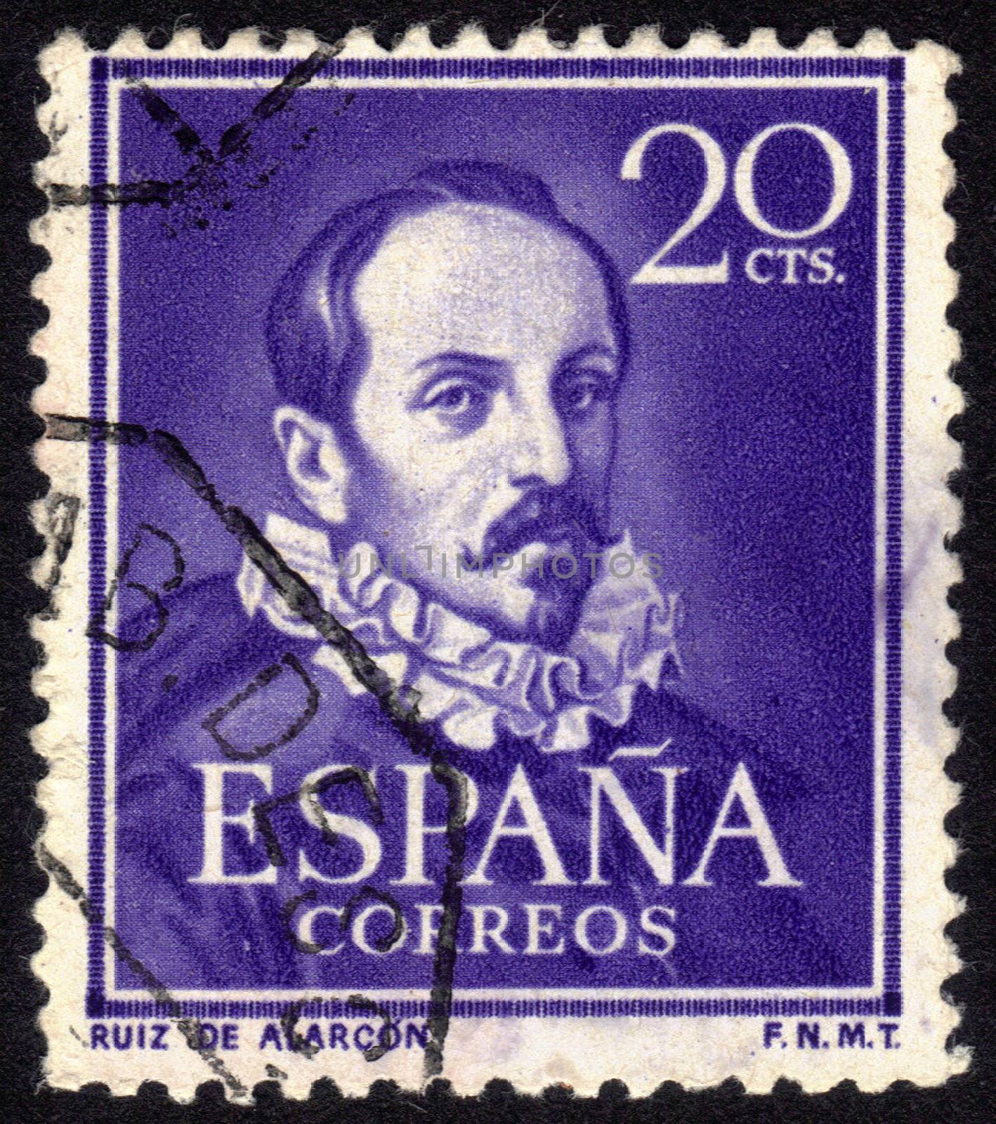 Spain, CIRCA 1950: stamp printed in Spain , showing portrait Juan Ruiz de Alarcon y Mendoza  (1580 -  1639).  Playwright who, is considered one of the leading figures of the Spanish theater of the Golden Age, circa 1950