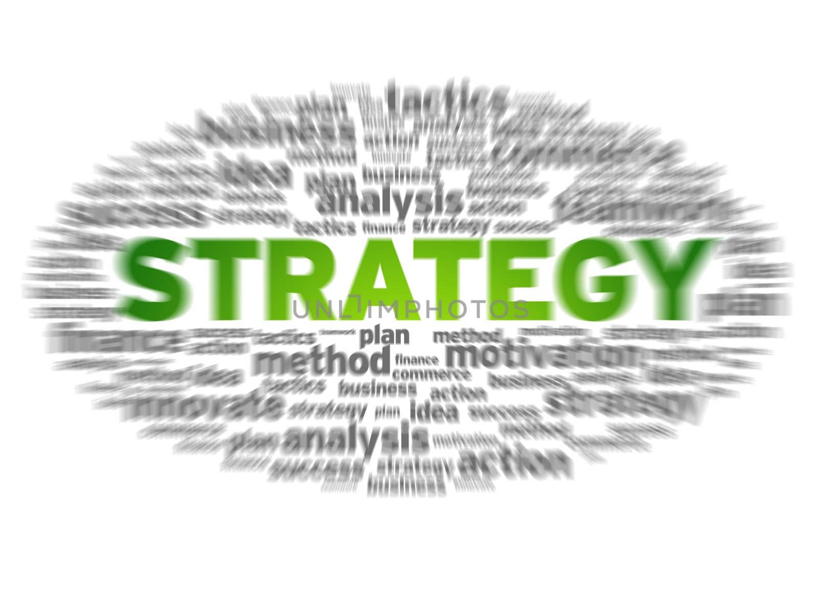 Blurred strategy word cloud on white background. 