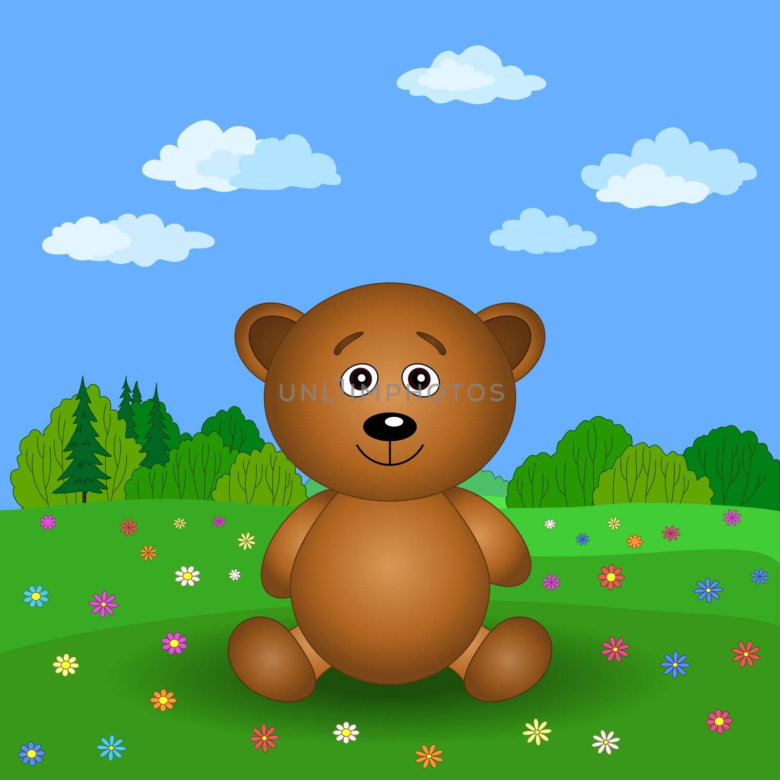 Cartoon, toy teddy bear on a summer flower meadow