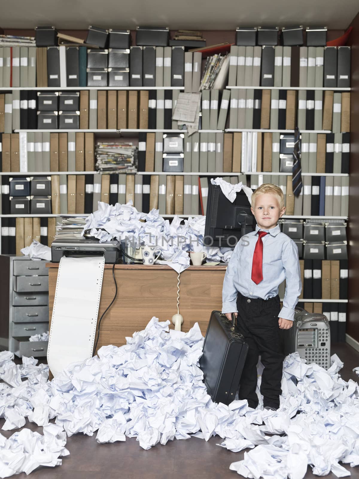 Young boy as a business man in a messy office