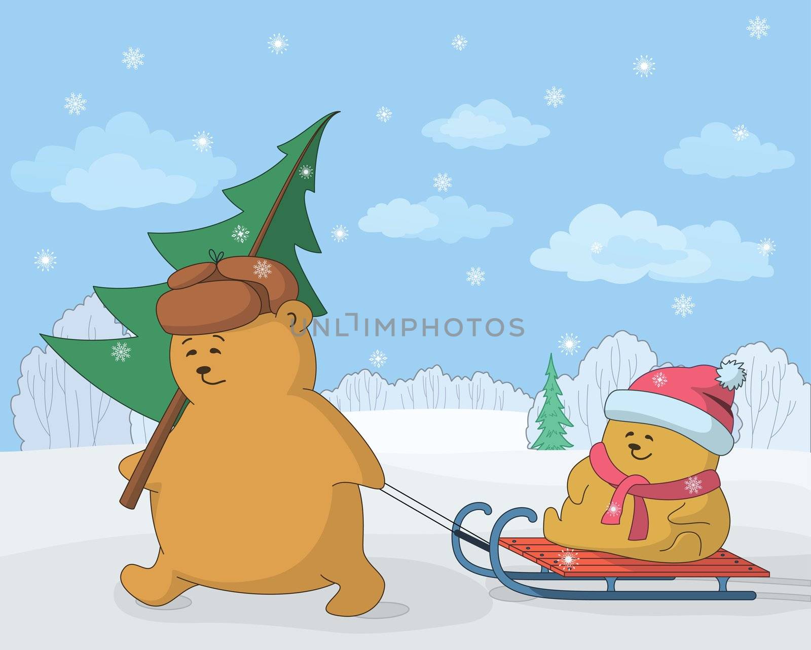 Cartoon, teddy bears in the winter forest, father with a Christmas tree and child on sledge