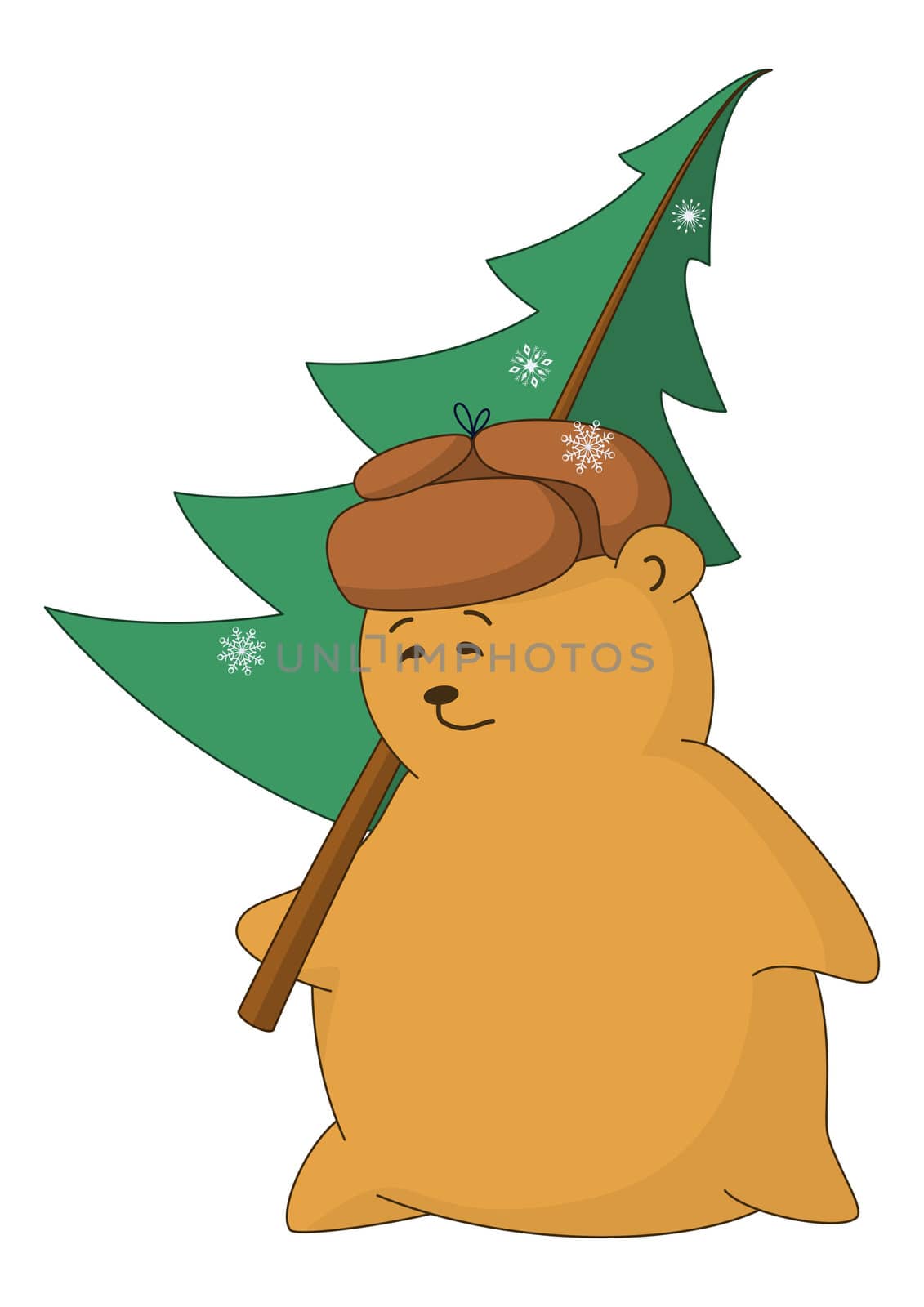 Cartoon, teddy bear with a Christmas tree