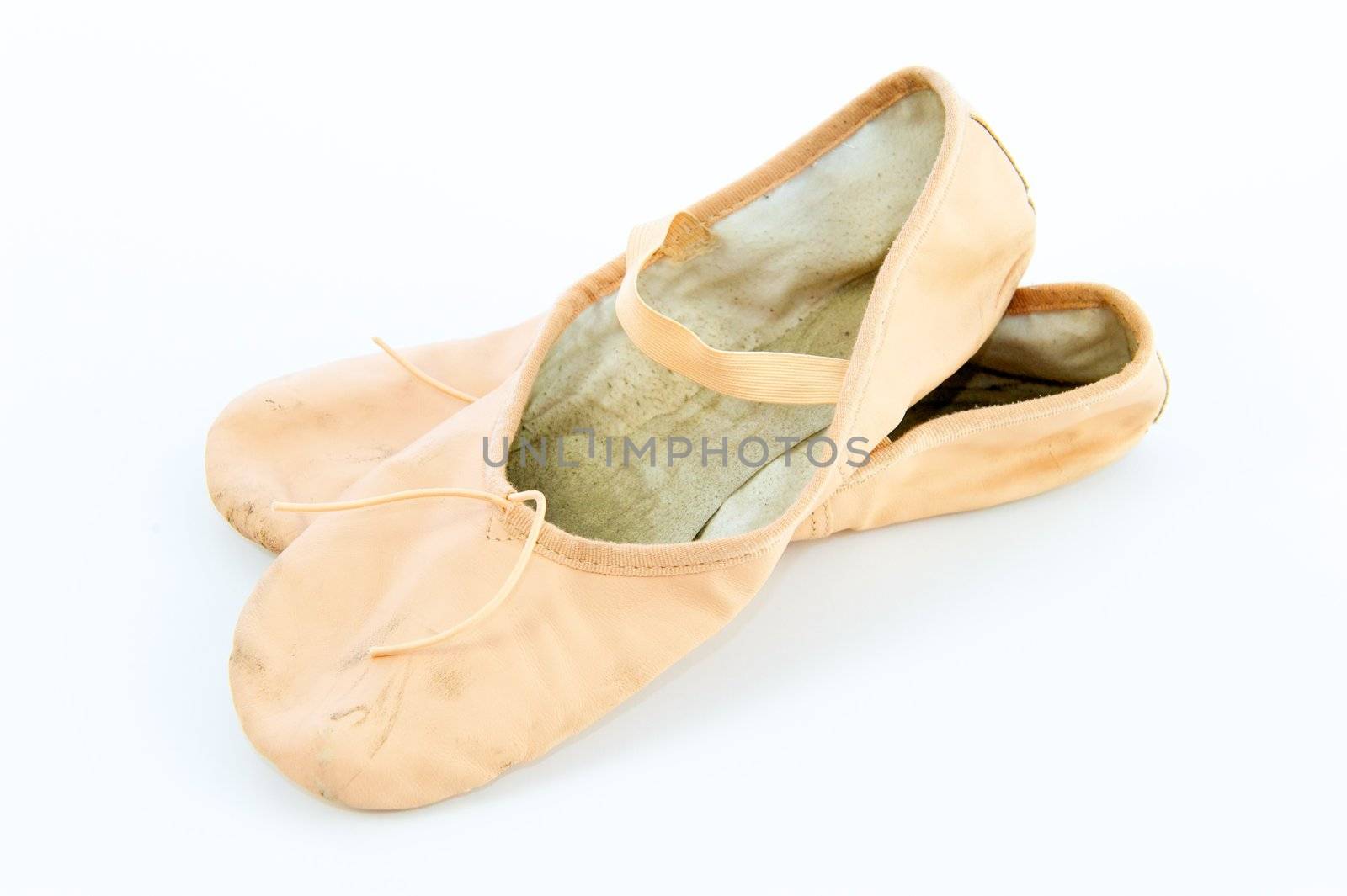 A pair light or pale pink ballet slippers isolated on a white background with a lot of copyspace