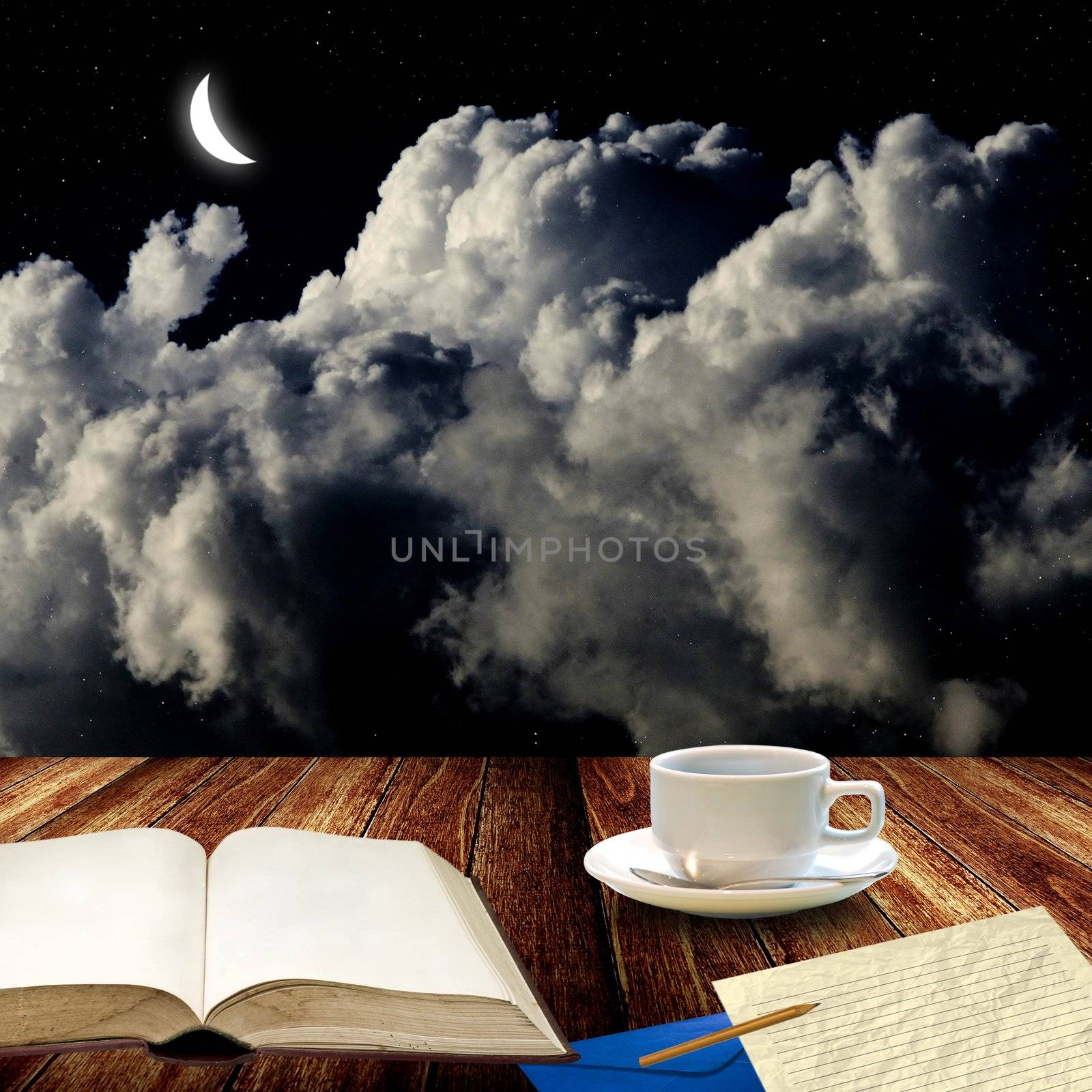 Open book and drink coffee at night for write letter by pixbox77